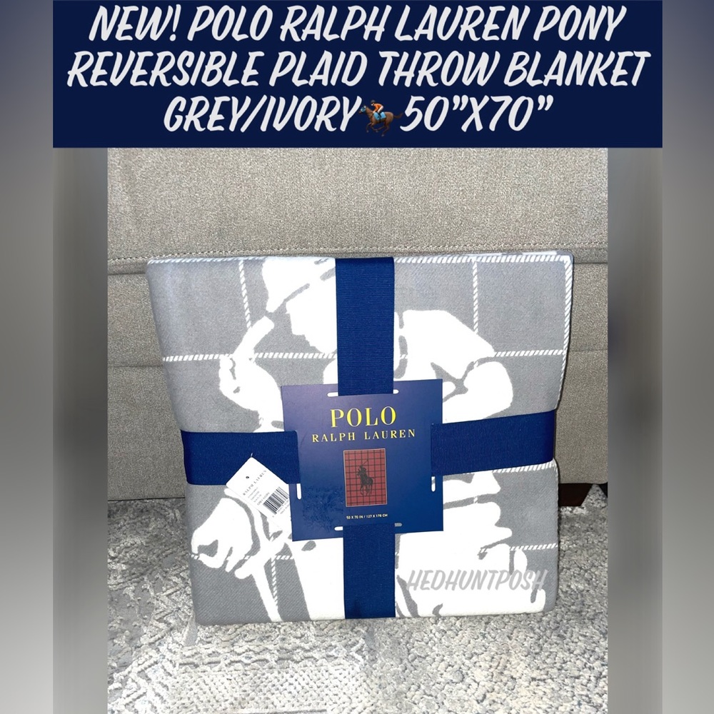 New! Polo Ralph Lauren Pony Reversible Plaid Throw Blanket Grey/Ivory🏇🏻50”x70”